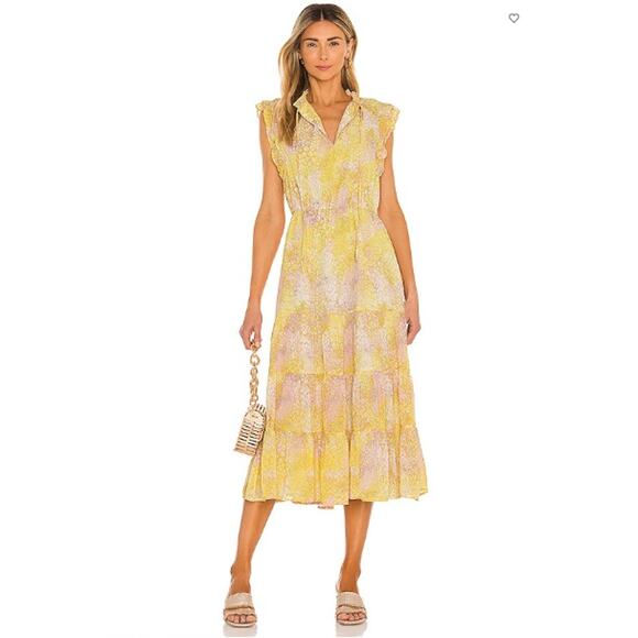 BB DAKOTA Dream a Girl Yellow Tiered Midi Dress // M - Picture 1 of 15
